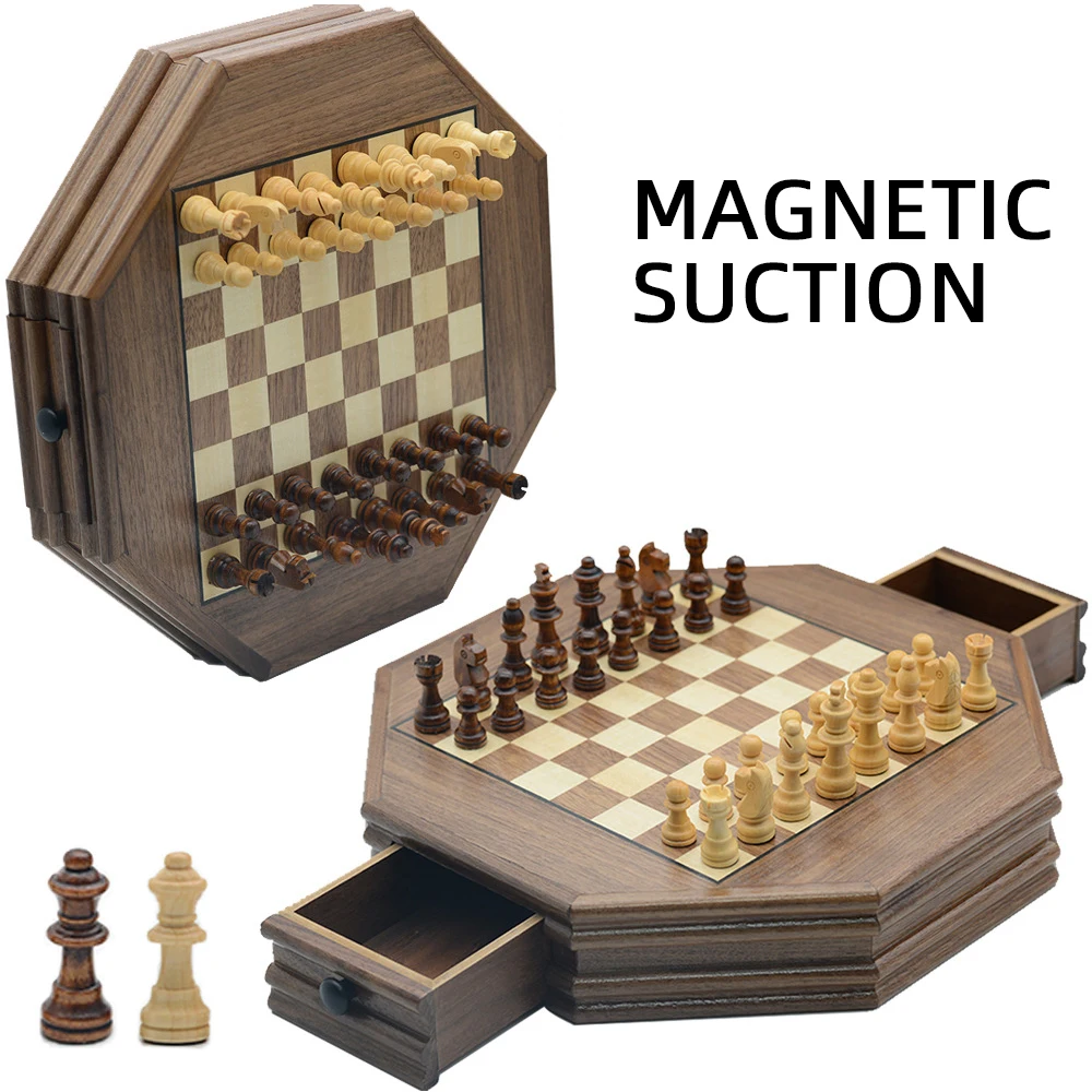 Factory Direct Sales Octagonal Wooden Chess Set Magnetic 35*35*6.5cm Chess Portable Chess Games