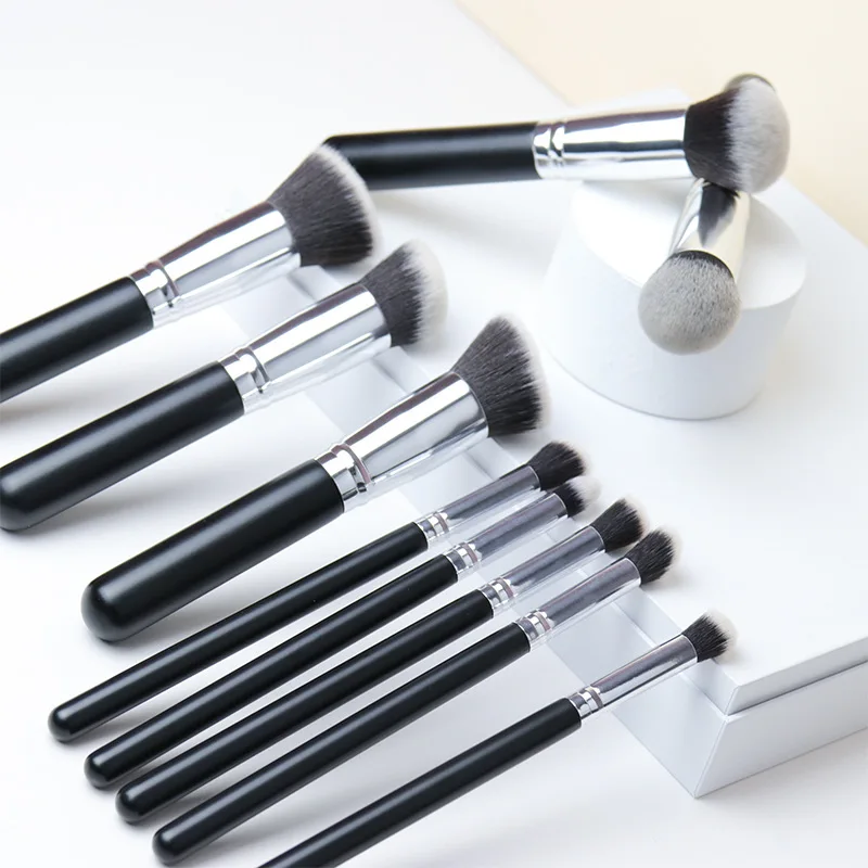 Custom Logo Cosmetic Make Up Brush Kit Cruelty Free 10pcs Classic Black Wood Handle Vegan Hair Makeup Brush Set