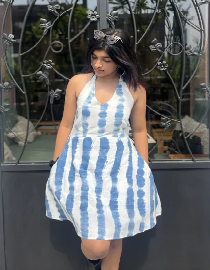 Blue Stripe Halter Neck Cotton Casual Dress Indigo Shibori customized fit offers versatility and style for any occasion