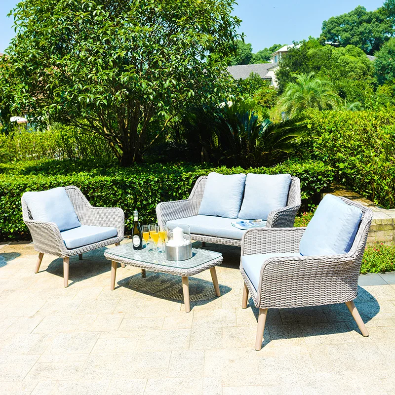 
WEIMAR Aluminum Frame PE Rattan Sofa Set Furniture, Garden Furniture Rattan Sofa with Fluffy Cushion 