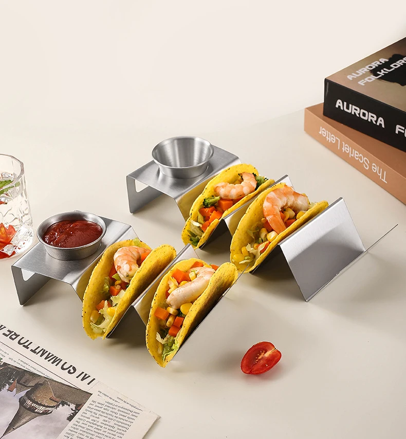 Wholesale Stainless Steel Taco Holder Taco Stand Rack Plates with Cup