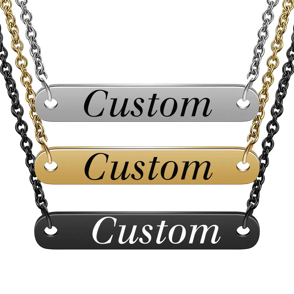 Virgin Engraving 14K Gold Plated Silver Plain Vertical Bar Chain Necklace For Man Women Engraving