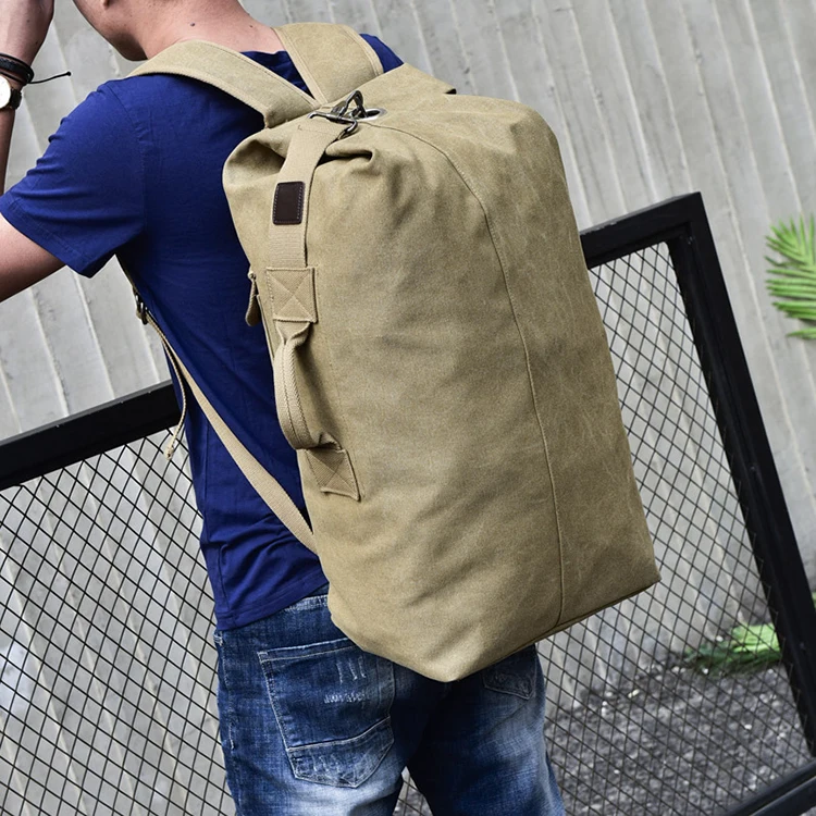 wholesale low moq custom khaki canvas men retro hiking travel backpack large outdoor camping waterproof rucksack bag with logo
