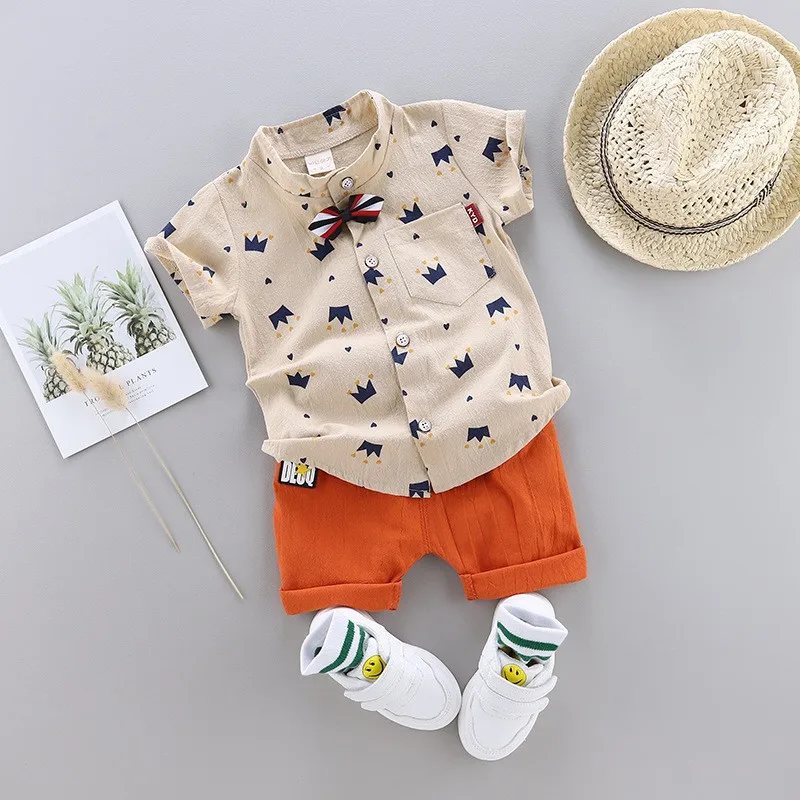 2023 Summer Child Boys Clothes Suits Short Sleeve Single Breasted Crown Print Shirt Pant 2 Pieces Children Clothing Boy
