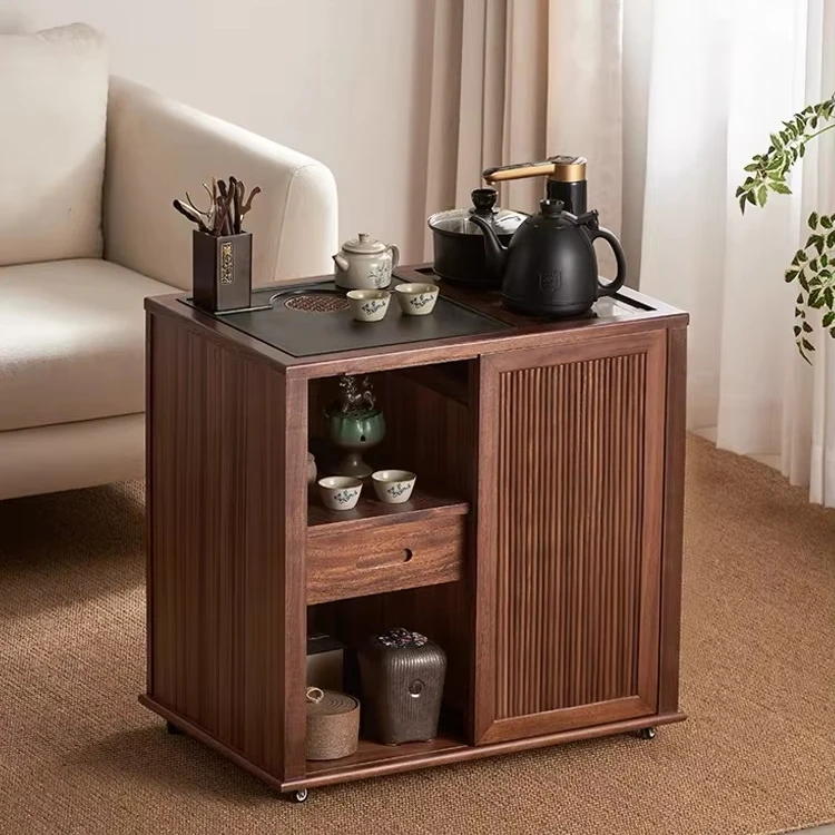 New Chinese style all-solid wood Movable tea cabinet walnut tea table household small tea table kettle integrated side cabinet