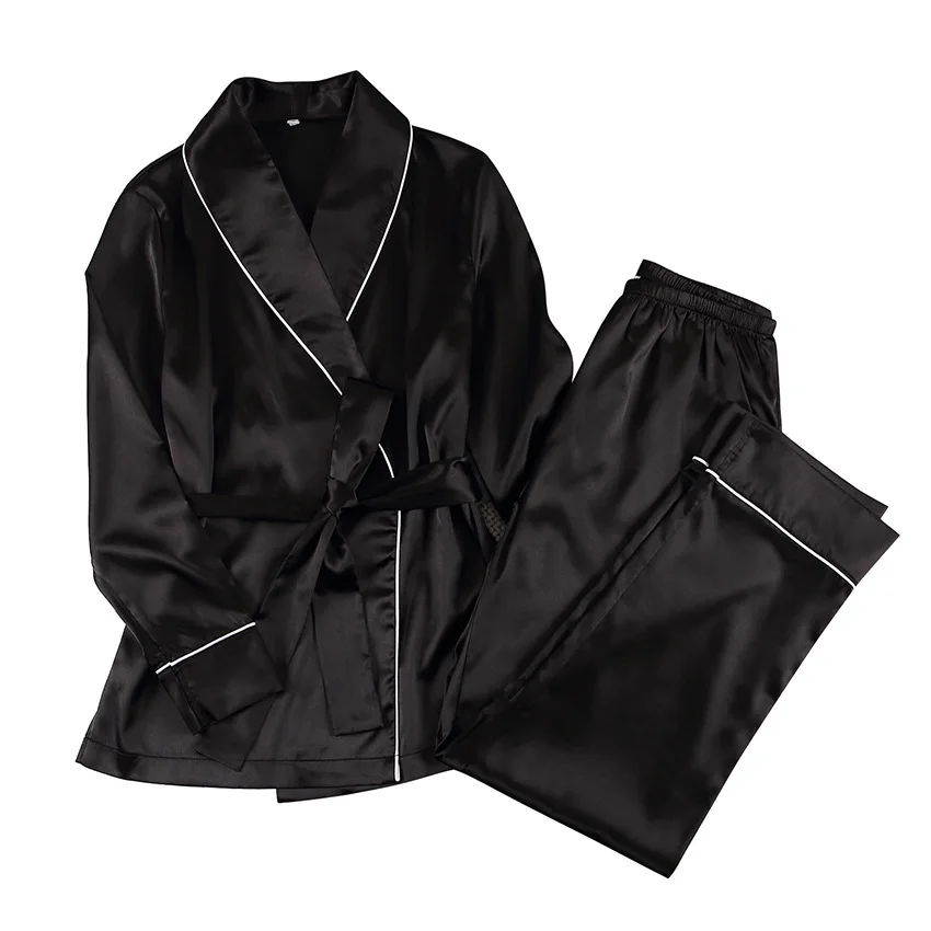 
Night-Cap Two-Piece Luxe Kimono Satin Pajamas Set Wrap Shirt And Long Pant Silk Sleepwear Comfortable Loungewear 