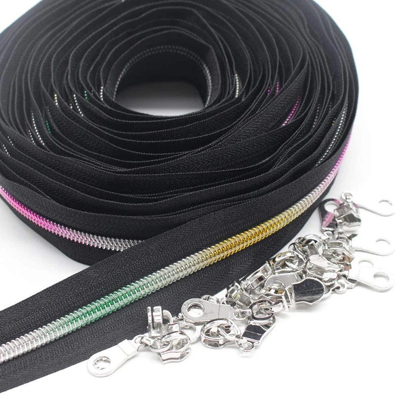 5# Colorful Teeth Metallic Nylon Coil Zippers by the Yard Bulk with Silver Sliders for DIY Sewing Tailor Craft Bag