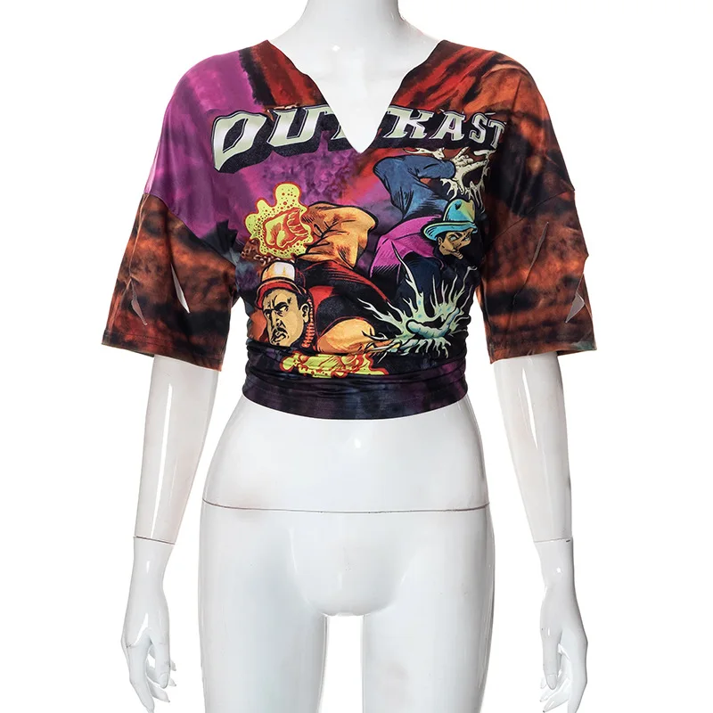 2023 Summer Street Women Clothing V Neck Cartoon Print Cut Out Casual Fashion Graphic T Shirts