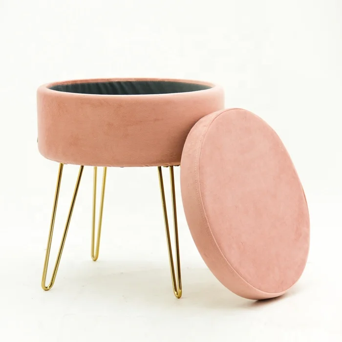 HStex custom furniture folding classic french round pink sofa storage ottoman tray sitting stools foldable stool with gold legs