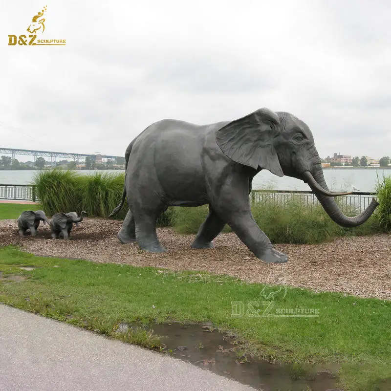 Large size outdoor garden decor bronze big elephant statue with 2 baby elephant animal sculptures for outdoor