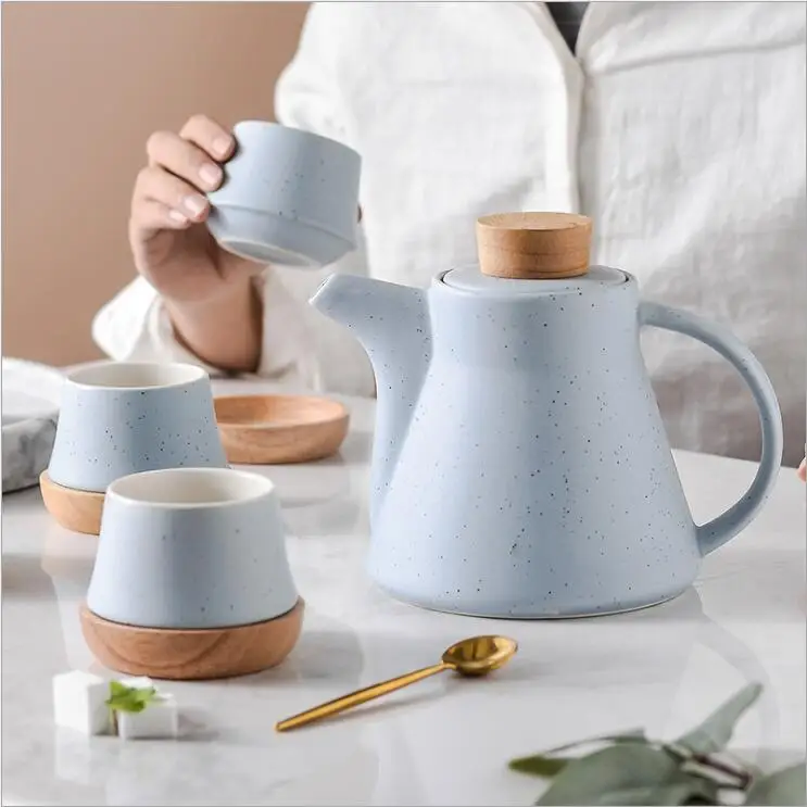 Arabic Coffee Pot with Cup Set Stainless Steel Teapot Wood Coaster Tea Cup Nordic Afternoon Tea Sets Ceramic Tea Set Gift Box