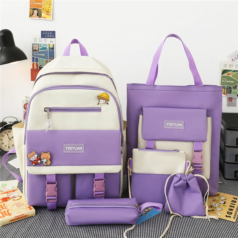 Custom summer breathable wide shoulder strap Fashion School 5-piece bags for boys and girls Student backpacks