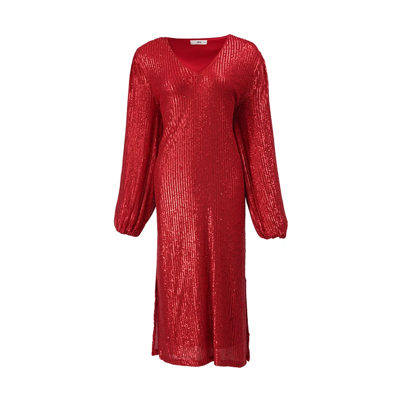Spring High End Clothing High Quality Sequin Dress Ladies Long Dress Lantern Sleeve Slim Fit V Neck Dress