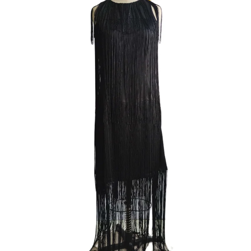 Fashionable round neck sleeveless  frings party dresses 2021 best stylish black vintage evening dresses for mature woman