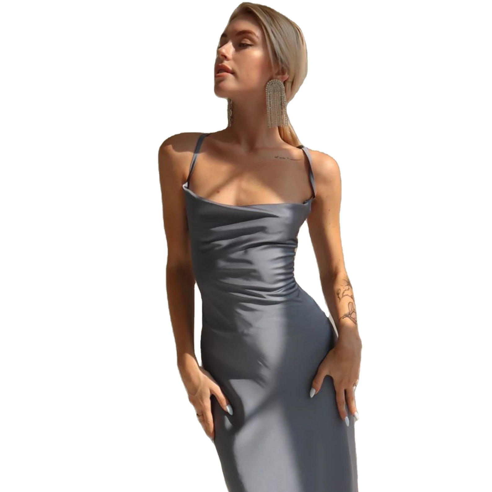 Pure colors Silk Cowl Neck Dress Close-fitting Cut Sexy Dress Bridesmaid  Tie Straps Back Midi Silk Slip Dress