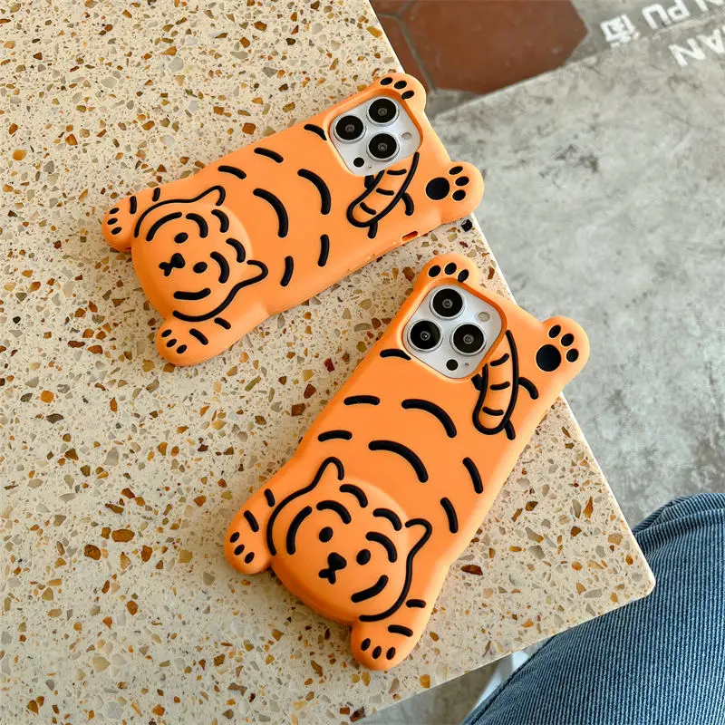 3D Cute Cartoon Lay Down Tiger Soft Rubber Shockproof Phone Case Cover for iPhone 13 12 11 Pro Max
