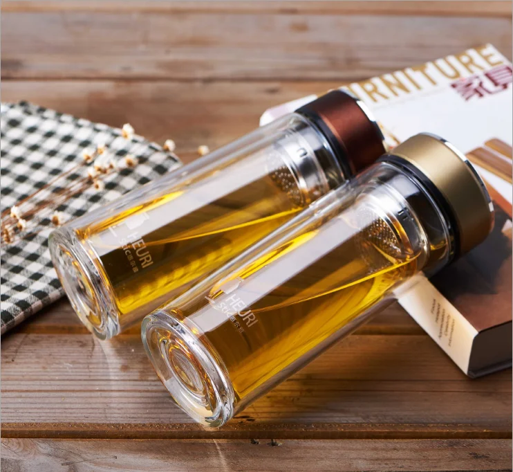 Comi high borosilicate double tier glass water bottle coffee cups with tea leaf separation filter