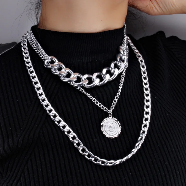 Modern Fashion Gold Layered Thick Necklace Punk Gothic Sweater Chain Pendant Necklace