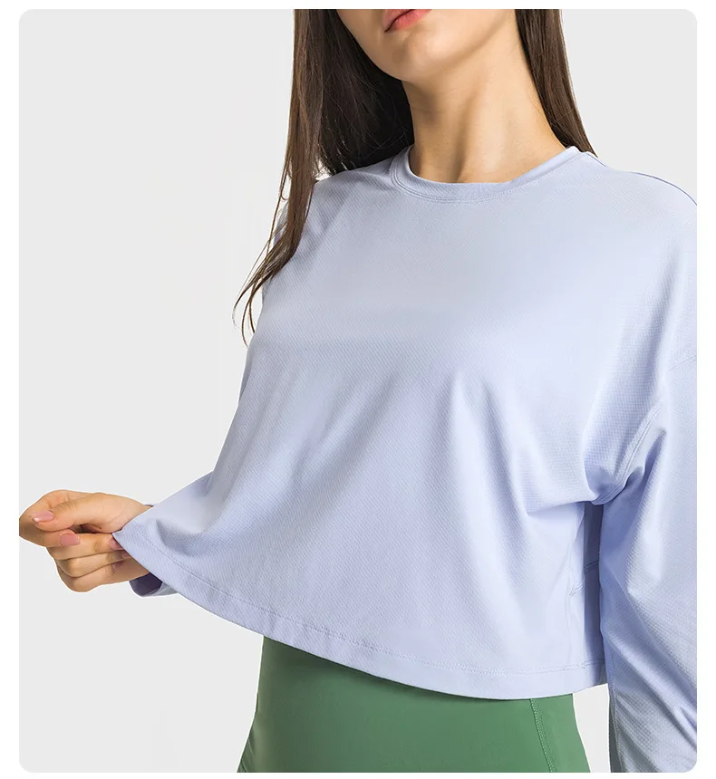 SHINBENE JACQUARD Plain Lightweight Fitness Workout Crop Pullover Women Crew Neck Long Sleeve Training Sport Cropped Sweatshirts