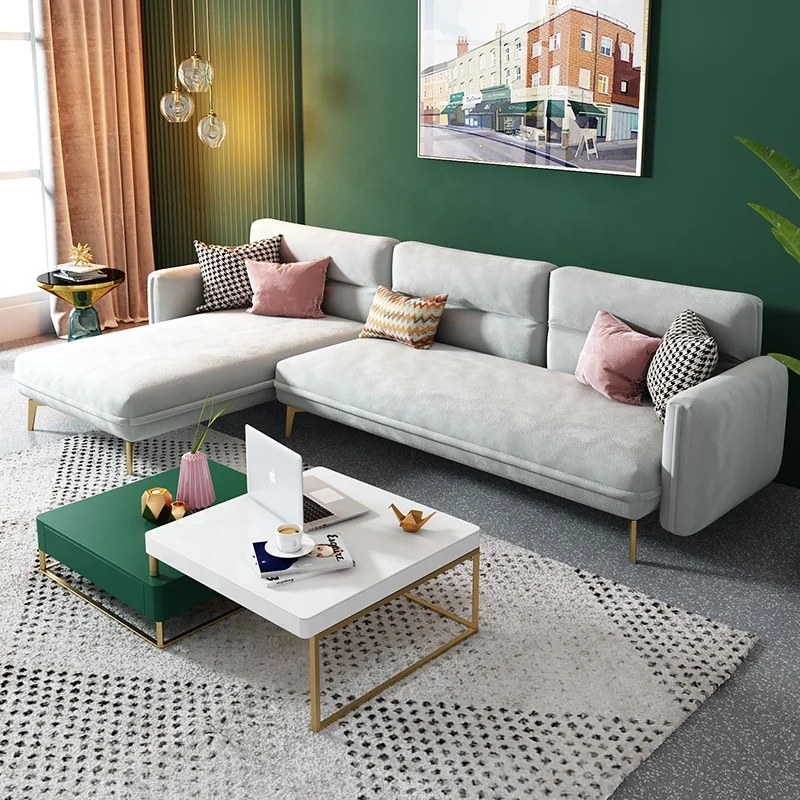 Modern Leisure L-shaped Blue Velvet Corner Couch Set Furniture Living Room Sofa