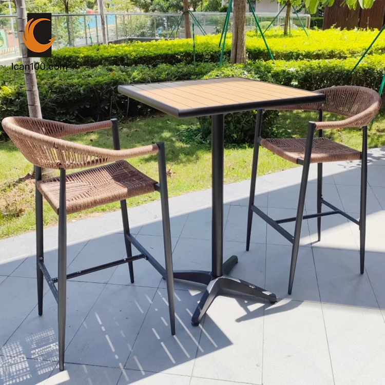 Rope Weave Outdoor Cafe Bar Tall Chair High Bar Stool High Back Chair Brown Dining Chair