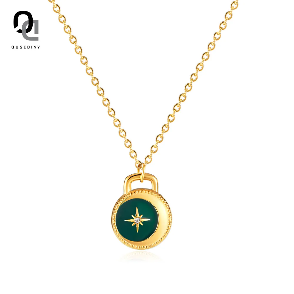 Newest Design Women Waterproof Jewelry Stainless Steel Vintage Cubic Zircon Starburst Enamel Drop Oil Lock Star Pendant Necklace