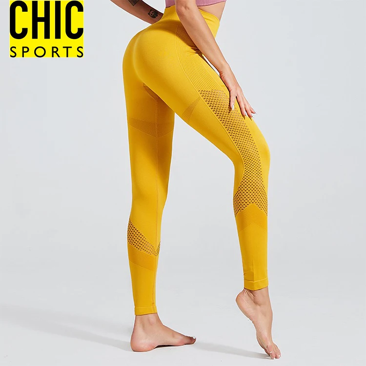 Female Wholesale High Waisted Tummy Control Yellow Workout Seamless Tights Activewear Slim Fit Quick Dry Yoga Pants Leggings