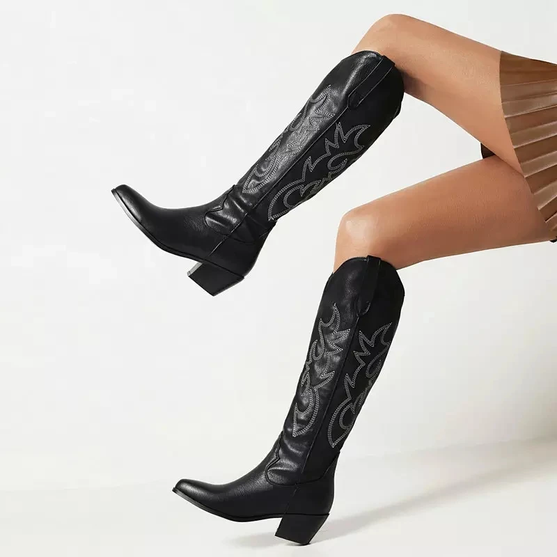 OEM/DOM Fashion Cowgirl Women Knee High Boots Suede Leather 6cm Thick Chunky Heel Vintage Women Western Boots