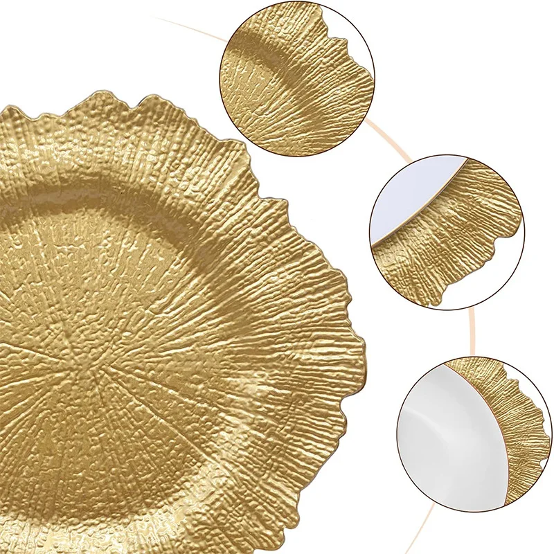 Plastic Reef Charger Plates Glossy 13' Charger Plates Floral Rim Luxury Charger Plates Gold for Wedding Decoration