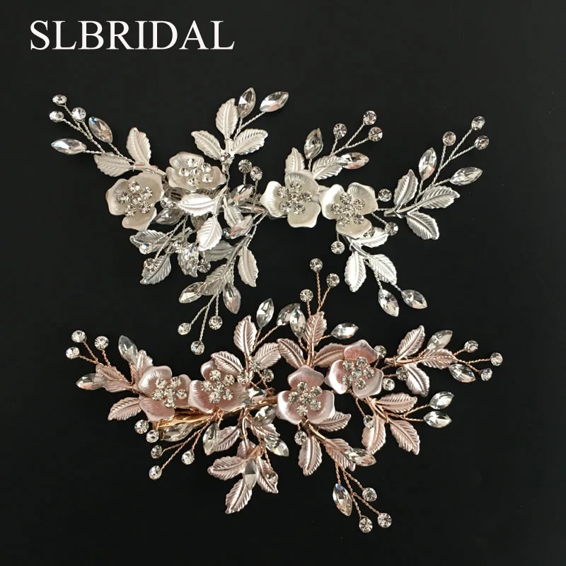 SLBRIDAL сплава розового золота Австрийские кристаллы стразы цветок лист Свадьба зажим для волос заколка свадебный головной убор женские аксессуары