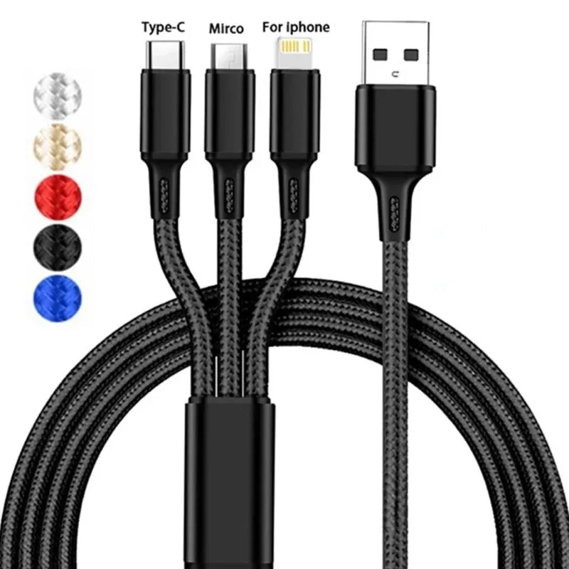 Hot Sale 1.2M Nylon Braid 3 In 1 Fast Charging Cord For iPhone Huawei Micro USB Type C Charger Cable Multiple Usb Charging Cord