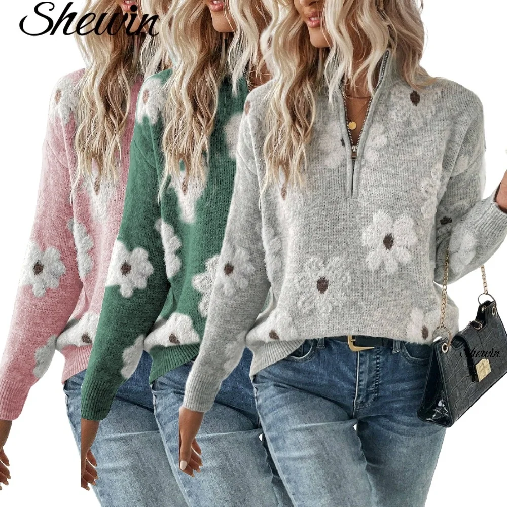 Shewin Wholesale New boutique Clothes Fall Winter Chic custom Logo 2024 Gray Floral Pattern Half Zip Drop Shoulder Sweater