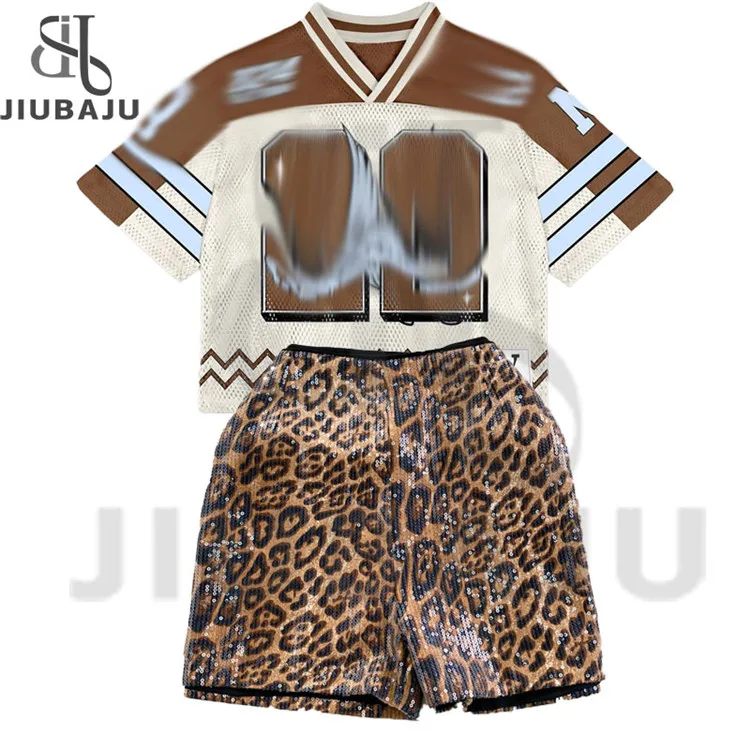 Fashion Y2K Basketball Tshirt Two Piece Sets Women V Neck Print Loose Top And Leopard Sequined Shorts Outfits