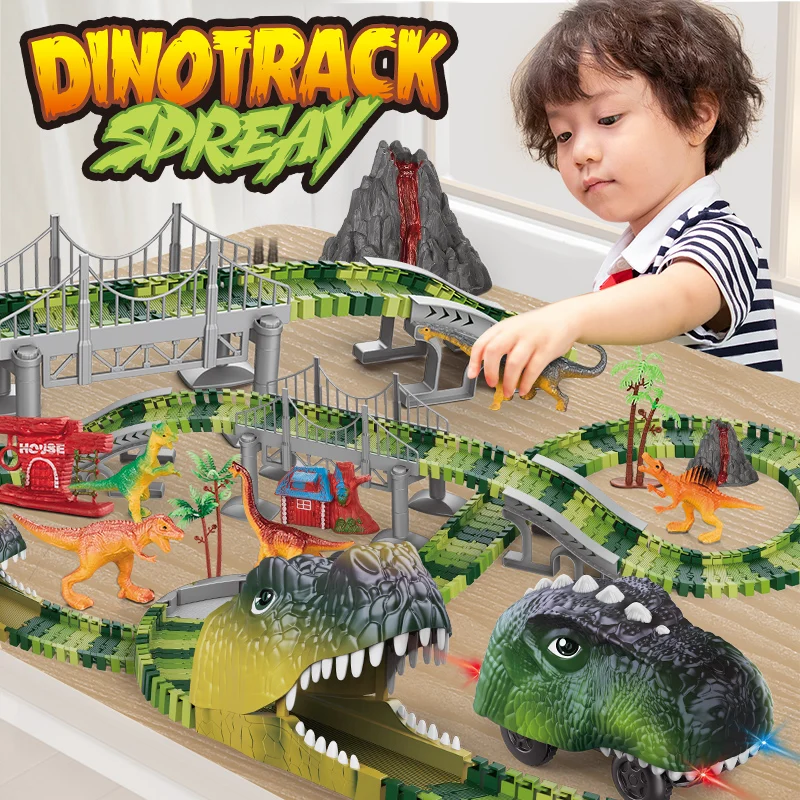 Best Gifts Slot Car Racing B/O Dino Toys DIY 183 Pieces Dinosaur Tracks Electric Construction Race Track For Kids
