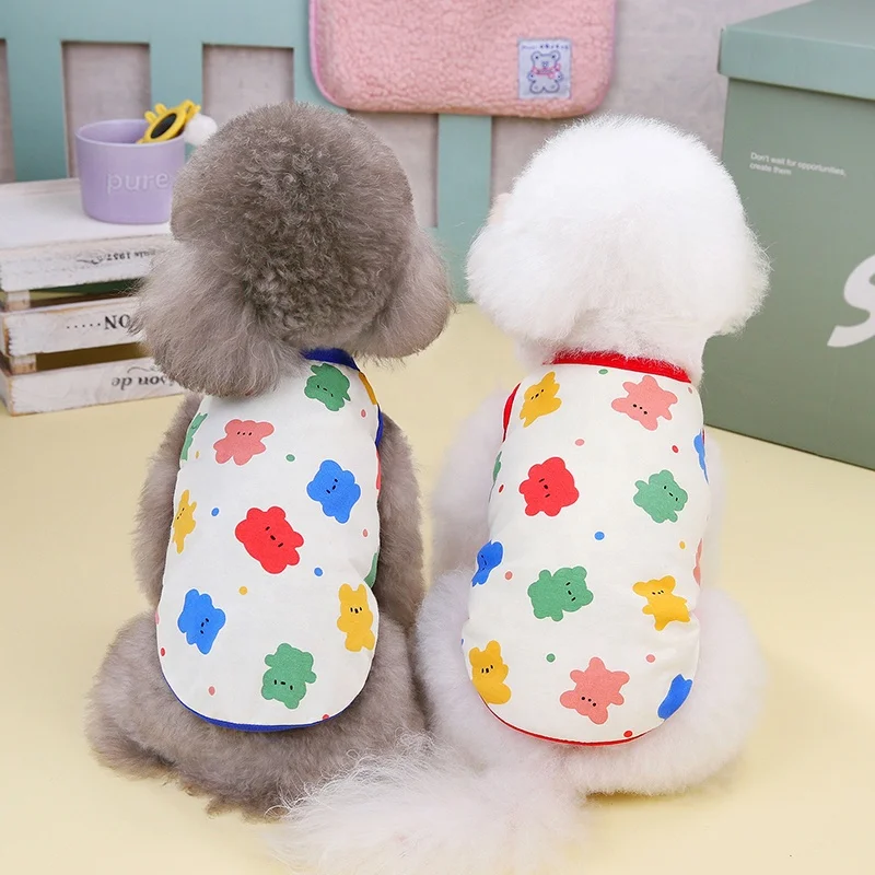 100% Cotton White Dog Suit T-Shirt Super Cute Colorful Bear Print Comfy Summer Shirts for Small Dogs for Spring and Fall