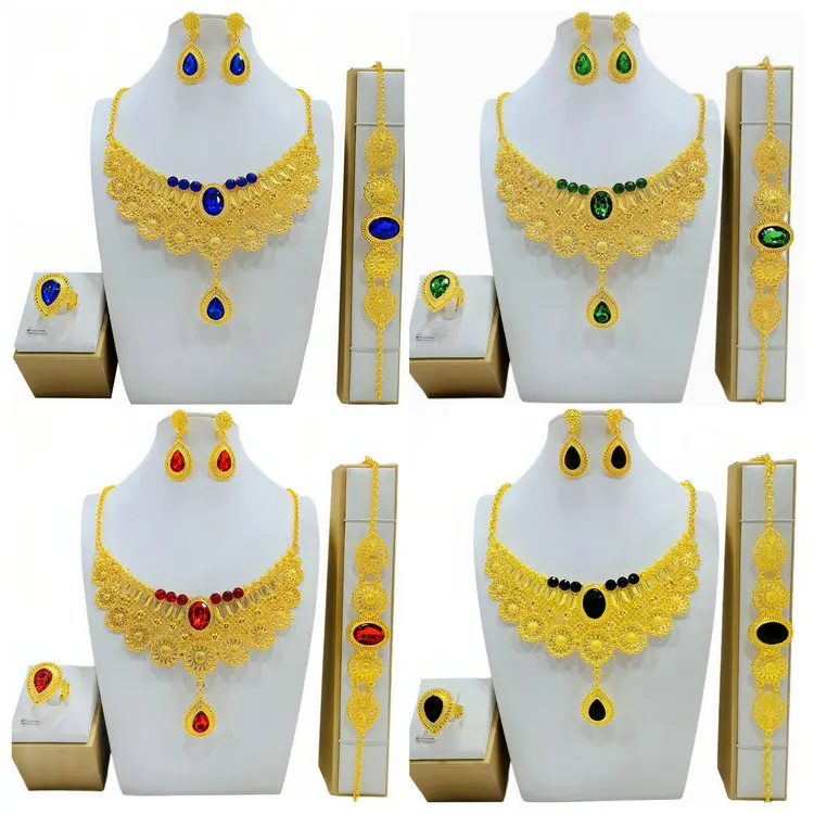New Bridal Jewelry sets Dubai 24K gold plated African wedding wife gifts necklace bracelet earrings ring jewellery set women