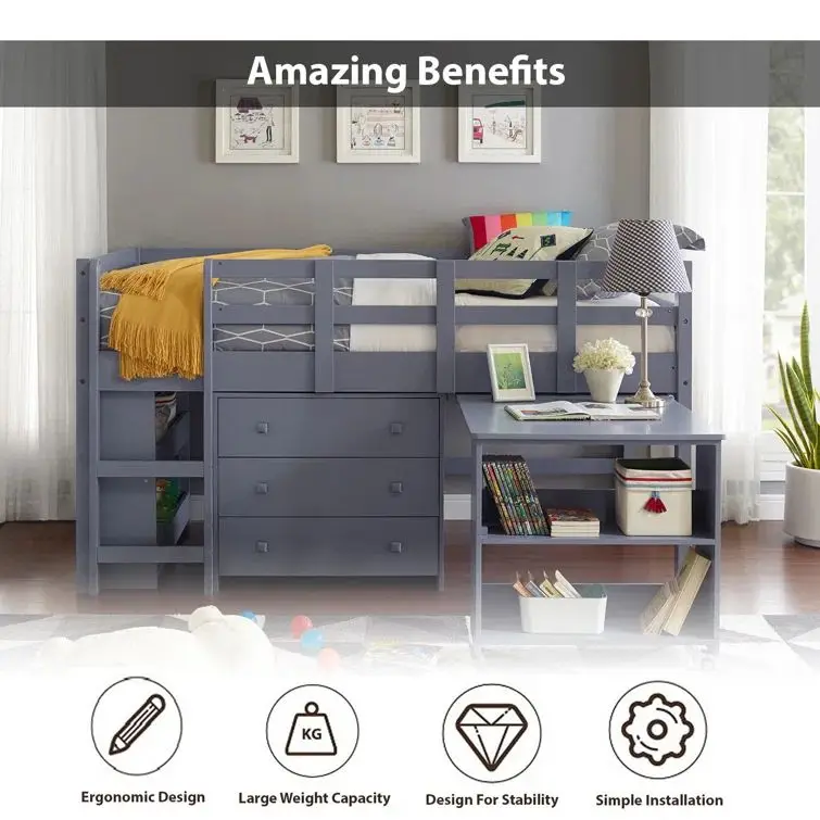 Children Furniture Wooden Kids Bunk Bed Twin Bed For Kids with Drawers and Stairs