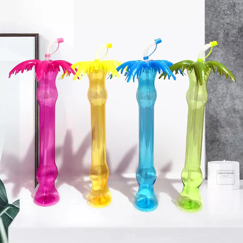 Hot sale plastic cocktail glasses 500ml coconut tree shape twist yard glass cup slush ice yard cups festival plastic with straw