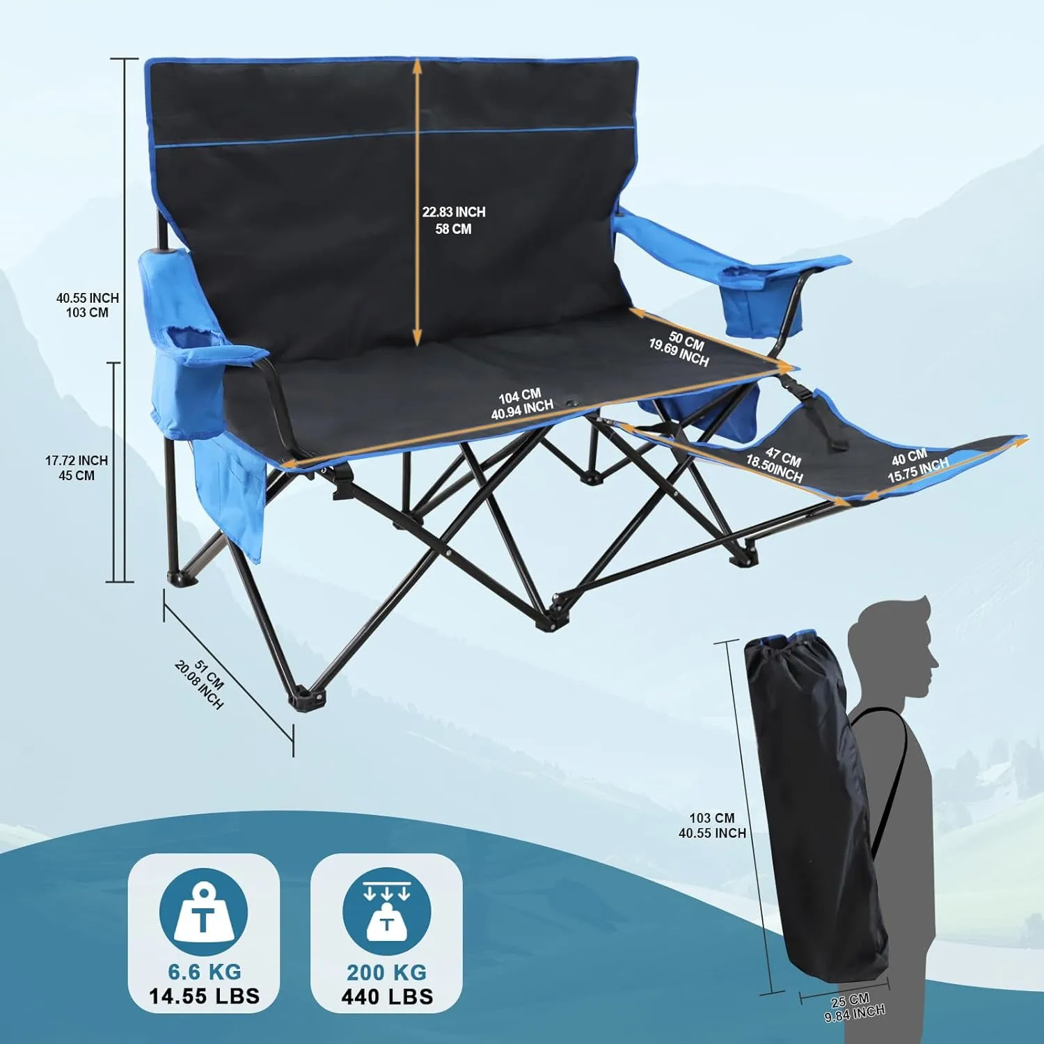 Outdoor Black Loveseat Portable 2 Person Folding Camp Chairs Camping Chair with Foot Rest  with Storage Cup Holders for Adults