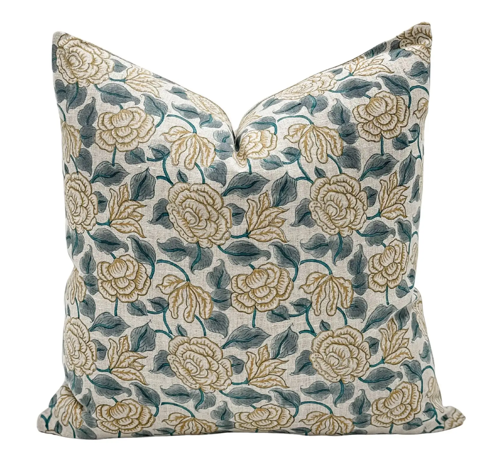 Custom Boho Throw Printed Floral Teal Blue With Mustard On Natural Linen Pillow Cover Cushion Covers Decorative Home