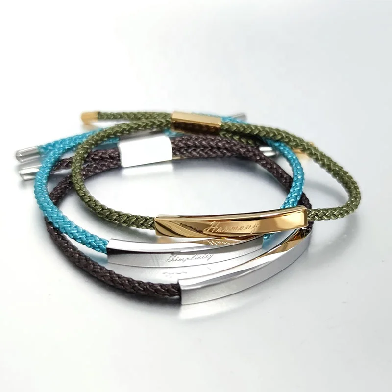 Customized Mens Jewelry Laser Engraving Stainless Steel Adjustable Braided Rope Bracelet Engraveable Bracelet For Women