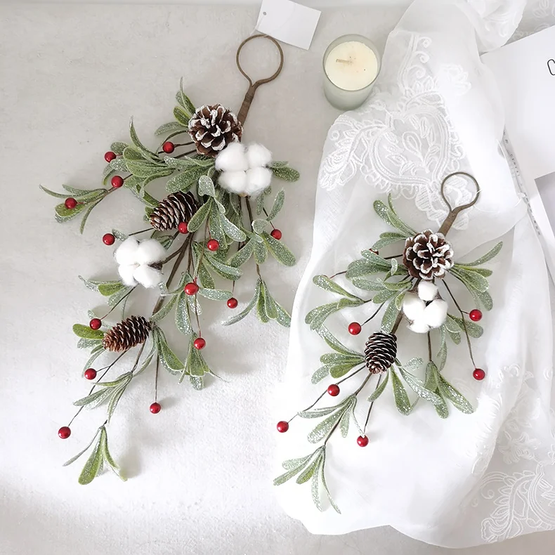 Artificial Christmas swag plastic glitter eucalyptus leaves tear drop swag with cotton