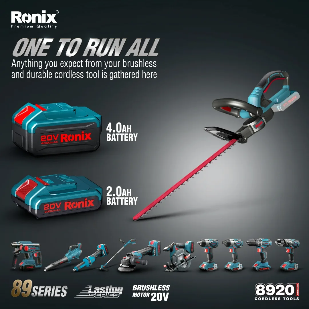 Ronix 8920 Hot Selling 20V Lithium Battery Electric Cordless Tree Trimmer Machinery Brush Cutter Hedge Trimmer