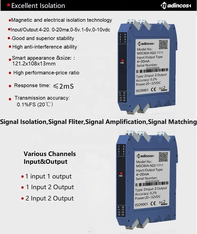 MSC80A:0.15% Linear Current Voltage Dual Channel 4-20ma 0-10Vdc Analog Signal Isolator with 2KV Isolated DIN Rail Mounted