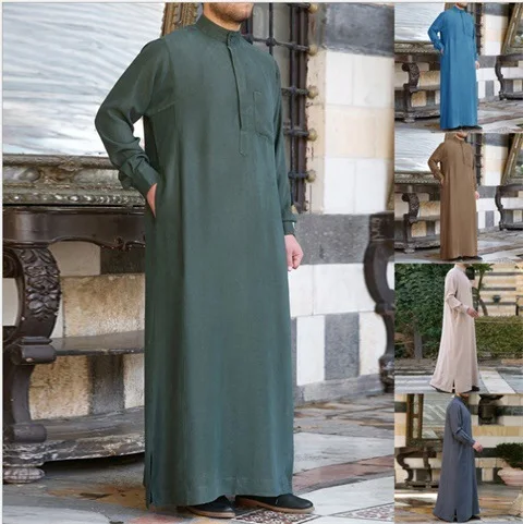 Fashion Islamic Clothing Men Solid Color Dress Kaftan Muslim Abaya Loose Dubai Long-sleeved Robes