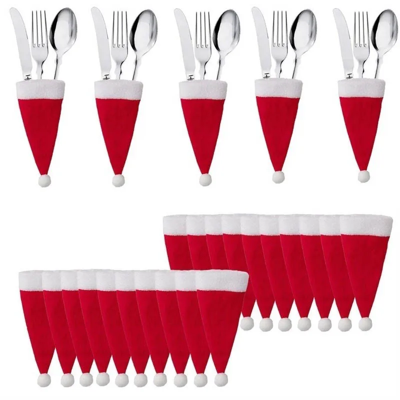 10pcs Mini Christmas Hat Tableware Holder Bag Merry Christmas Small Hat Party Dinner Knife Fork Set Pocket Cover