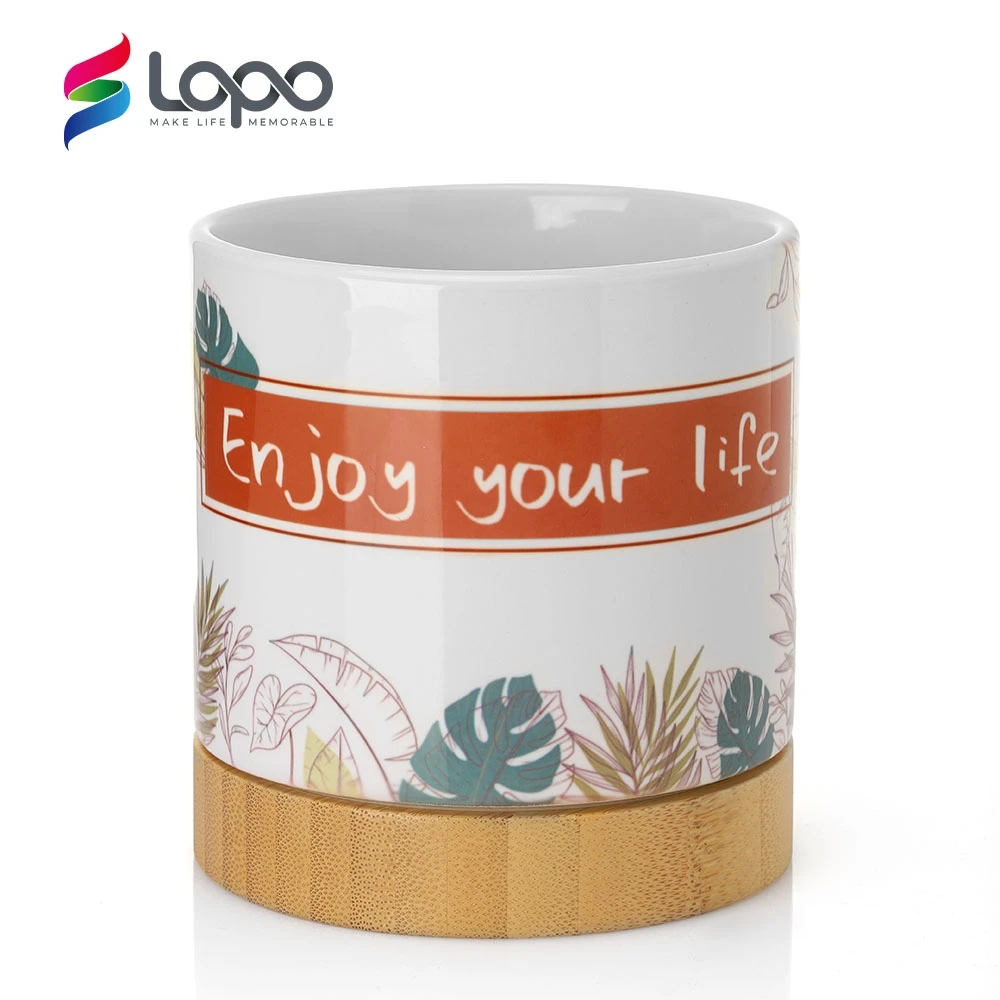 Wholesale Flowers Planting White Ceramic Pot Blank Sublimation Plant Pot With Bamboo Base