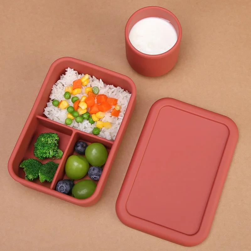 Custom Wholesale Bpa Free Three Grid Divided Container Easy Clean Gift Set Soft Leakproof Portable Bento Silicone Lunch Box