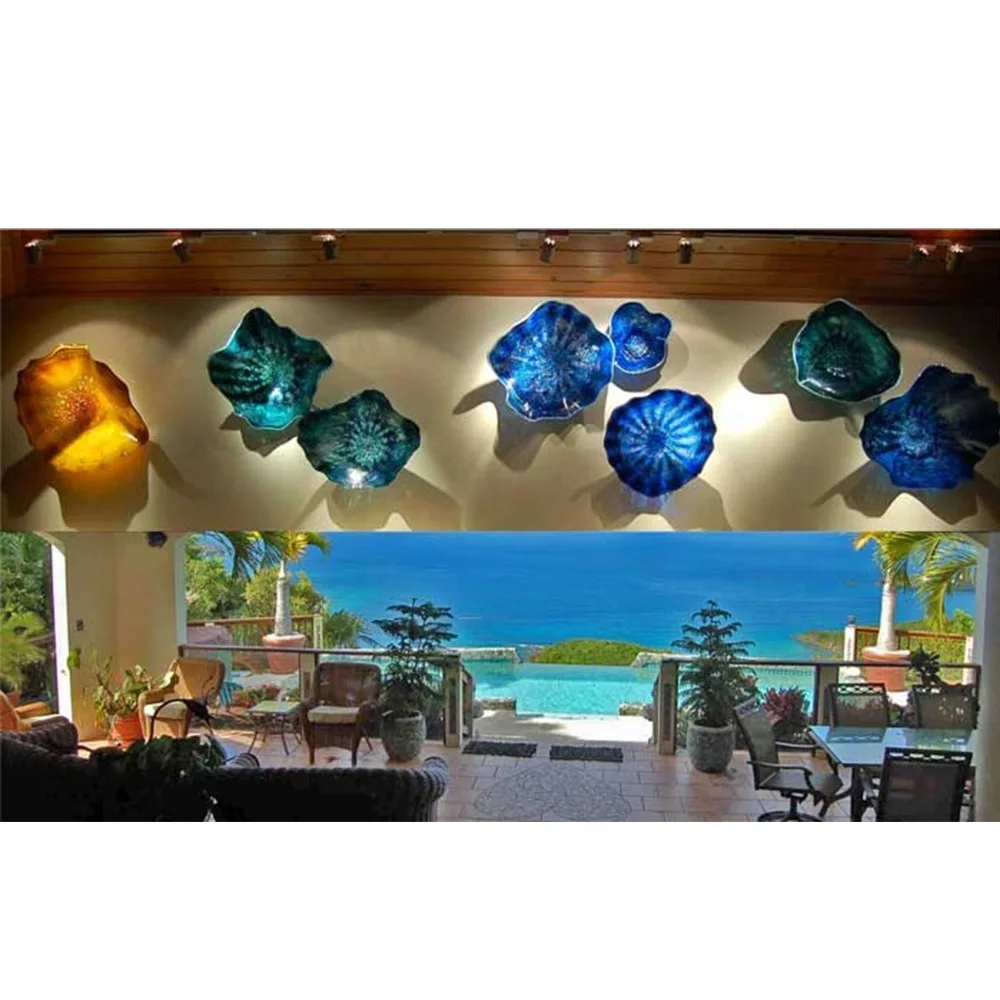 Modern chihuly custom murano glass wall plates round lotus flower shaped hand blown colourful glass plates wall decoration