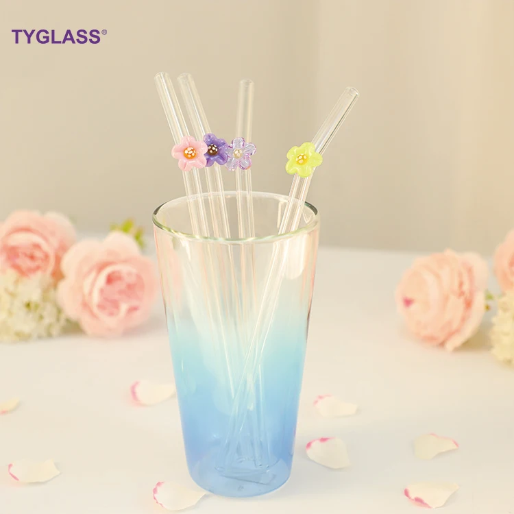 Manufacturer Custom Reusable Bent Glass Drinking Smoothie Straws Cute Glass Straws With Flower Cherry Blossom Glass Straws